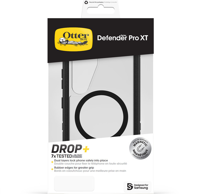 OtterBox Defender Samsung Galaxy S25 Back Cover with Magnet Transparent with Black Belt packaging