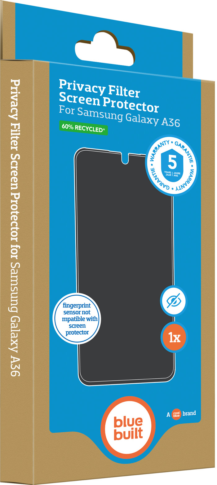 BlueBuilt Samsung Galaxy A36 Privacy Filter Screen Protector Glass packaging
