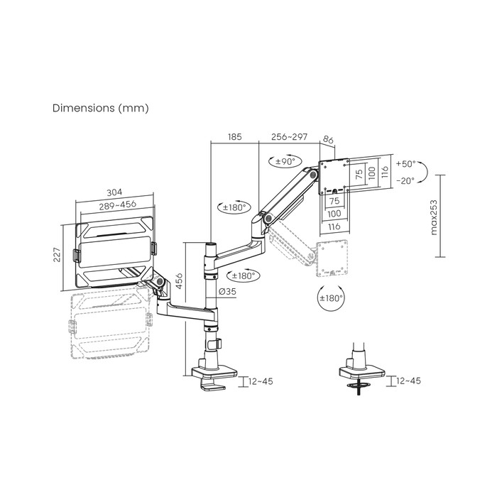ACT AC8341 Monitor Arm 49 inches with Gas Spring for 1 Monitor with Laptop Holder visual supplier