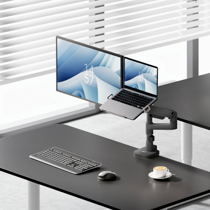 ACT AC8341 Monitor Arm 49 inches with Gas Spring for 1 Monitor with Laptop Holder product in use