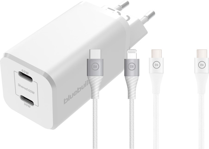 BlueBuilt Power Delivery Charger 65W + Lightning and USB-C Cable 1.5m Nylon White Main Image