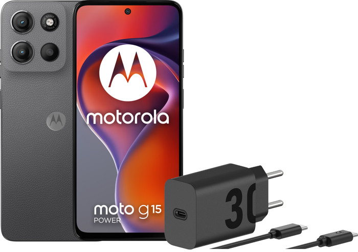 Motorola Moto G15 Power 256 Go Gris 4G + Motorola Chargeur 30 W Noir + Câble USB-C Main Image