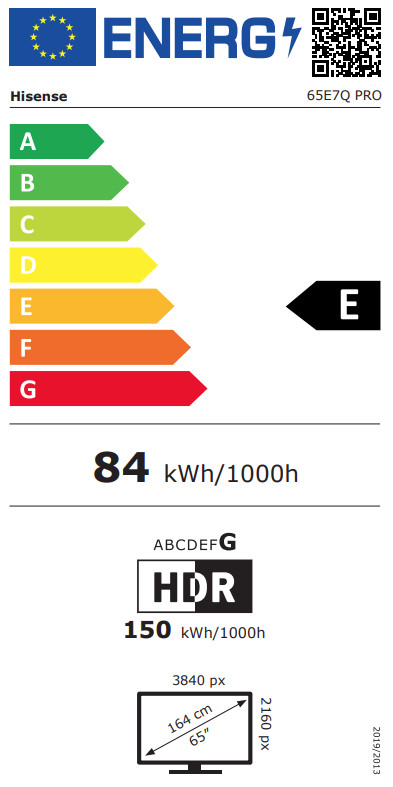 Hisense 65 inches PRO QLED E7Q (2025) energy label