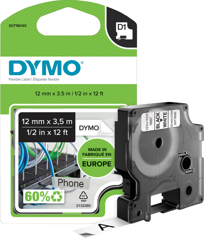 DYMO Flexible Nylon 12mm x 3,5m Zwart Wit Labels verpakking
