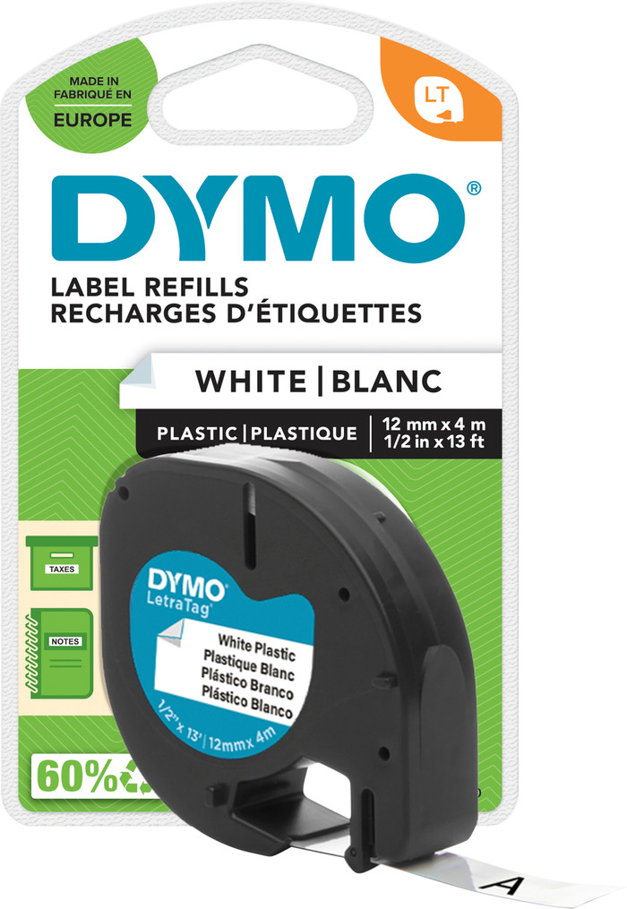 DYMO LetraTag 12mm x 4m Black White Labels 5-pack packaging