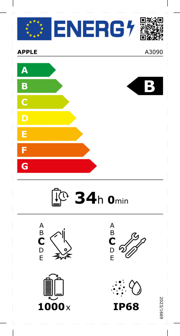 Apple iPhone 15 128GB Roze energielabel