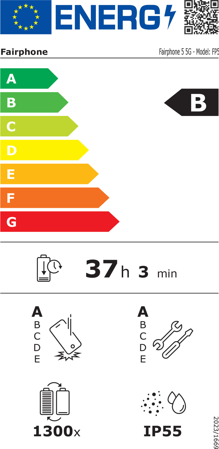 Fairphone 5 128GB Zwart 5G energielabel