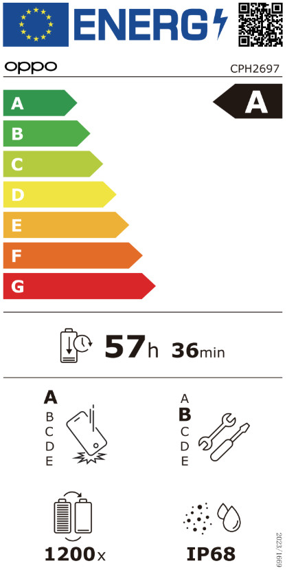 OPPO Reno13 Pro 512GB Black 5G + OPPO SuperVOOC Charger 80W with 2 Ports energy label