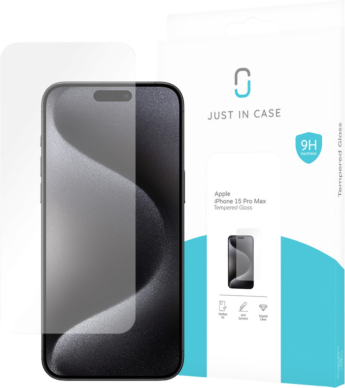 Just In Case Tempered Glass iPhone 15 Pro Max Screenprotector verpakking