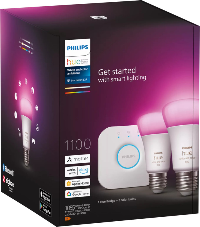 Philips Hue White and Color Kit de Démarrage avec 2 Ampoules + Bridge emballage