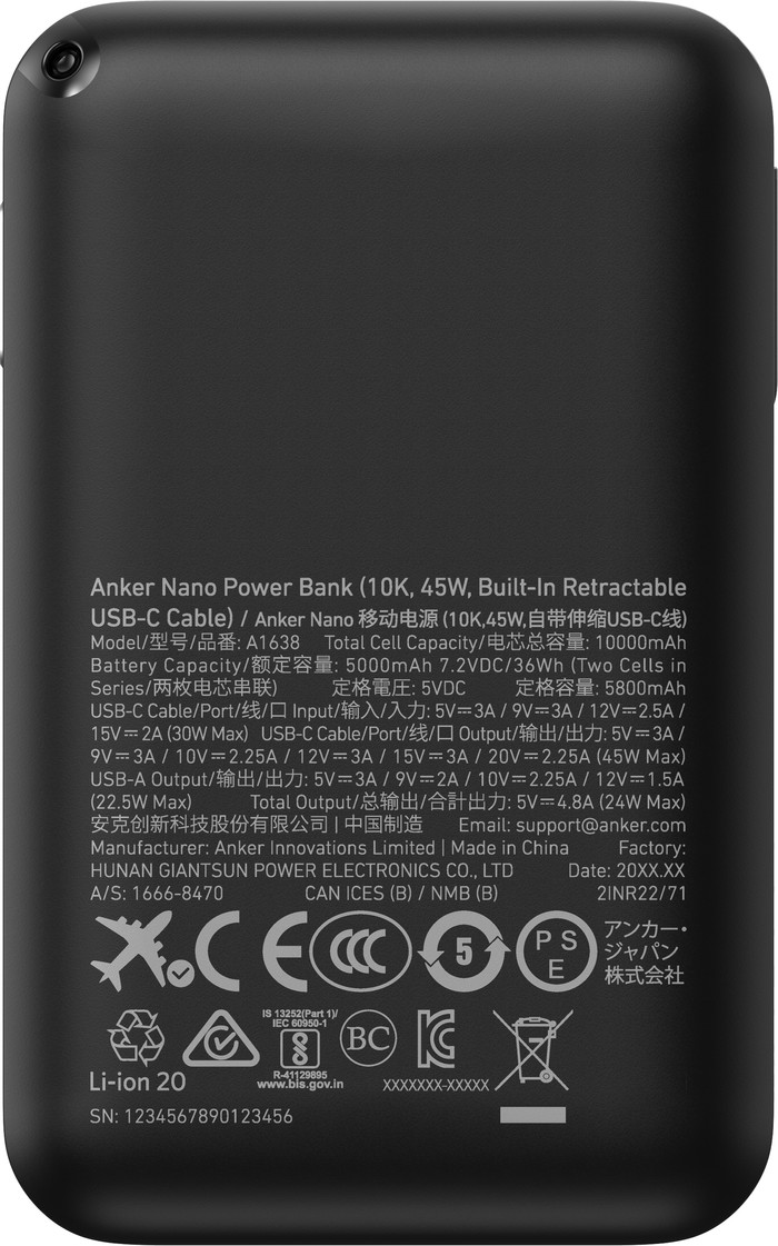 Anker Nano Power Bank 10.000mAh with 45W Fast Charging Black bottom