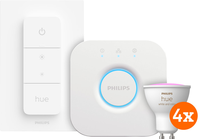 Philips Hue White and Color GU10 Starter Pack - 4 Lights + Bridge + Dimmer Main Image