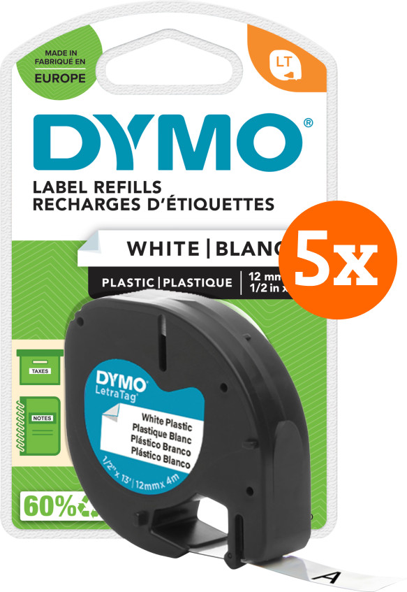 DYMO LetraTag 12mm x 4m Black White Labels 5-pack Main Image