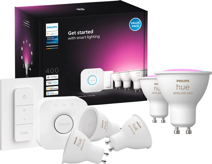 Philips Hue White and Color GU10 Kit de Démarrage - 5 Ampoules + Bridge + Variateur Main Image