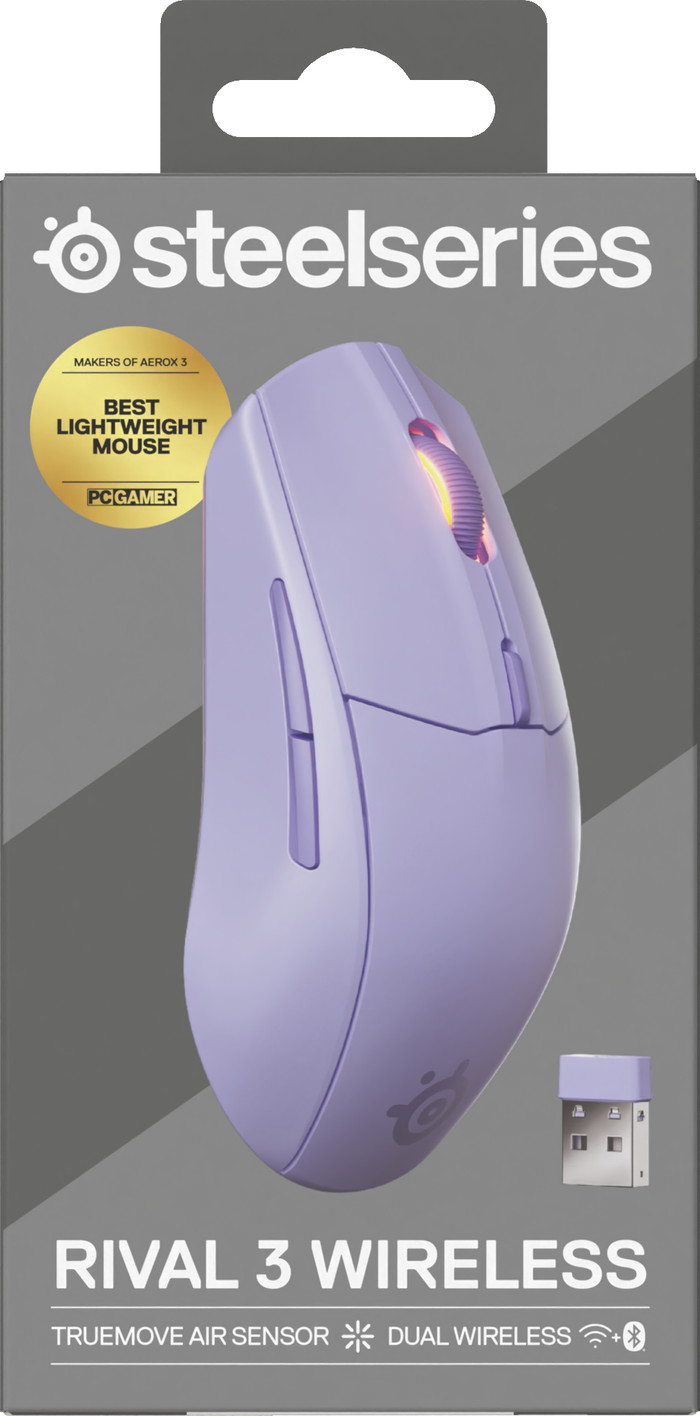 SteelSeries Rival 3 Gen 2 Souris Gamer Sans Fil Lavande emballage