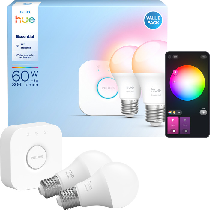 Philips Hue Essential A60 White and Color Starter Pack E27 806lm 2-pack + Bridge Main Image