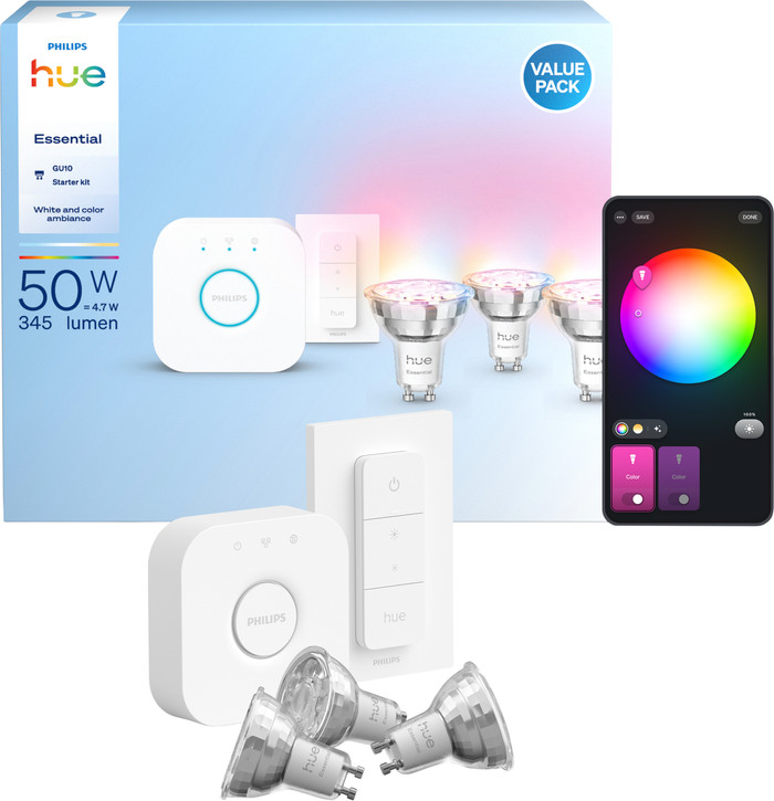 Philips Hue Essential White and Color Kit de Démarrage GU10 Lot de 3 + Bridge + Variateur Main Image