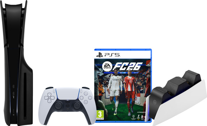 PlayStation 5 Slim Disc Edition + FC 26 + Covers Black + Charging Dock Main Image