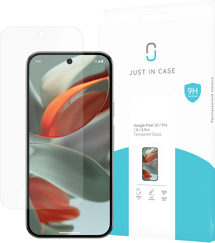 Just In Case Tempered Glass Google Pixel 10 / 10 Pro / 9 / 9 Pro Screenprotector verpakking