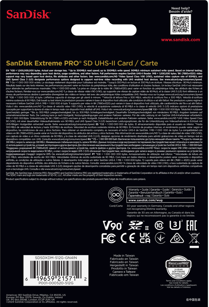 SanDisk SDXC Extreme PRO 512GB 300MB/s packaging