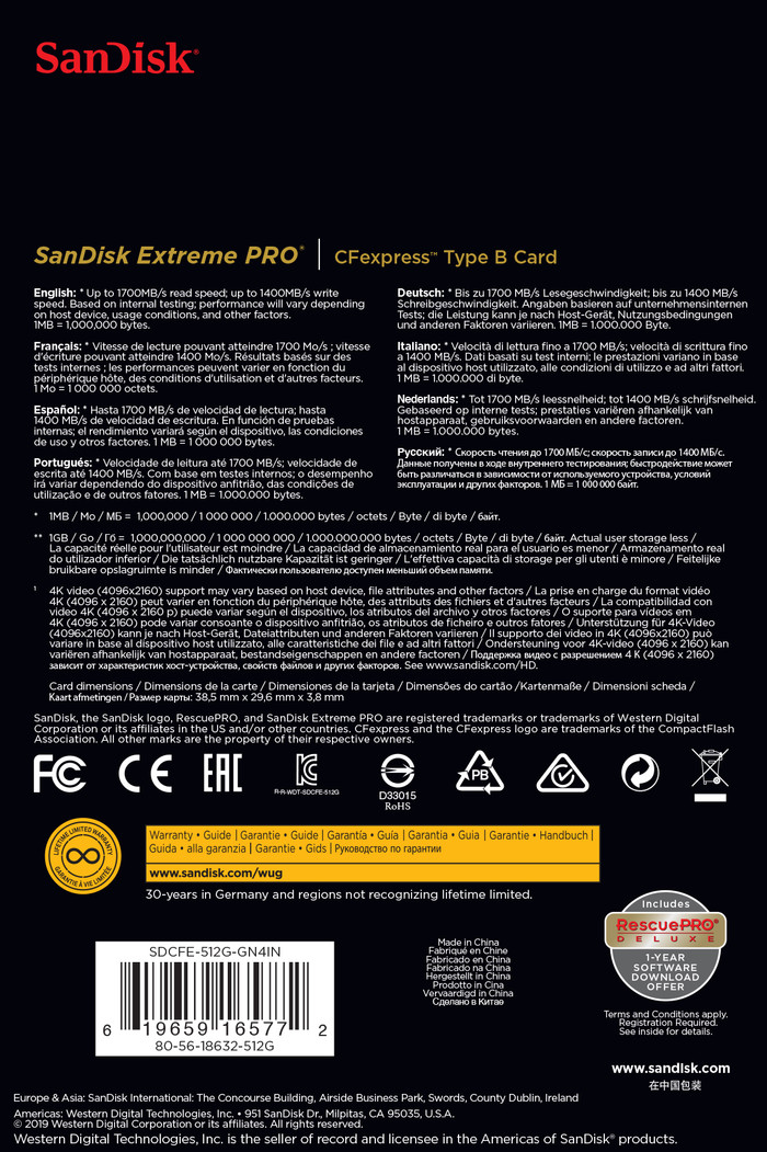 SanDisk Extreme PRO 512GB CFexpress Type B packaging