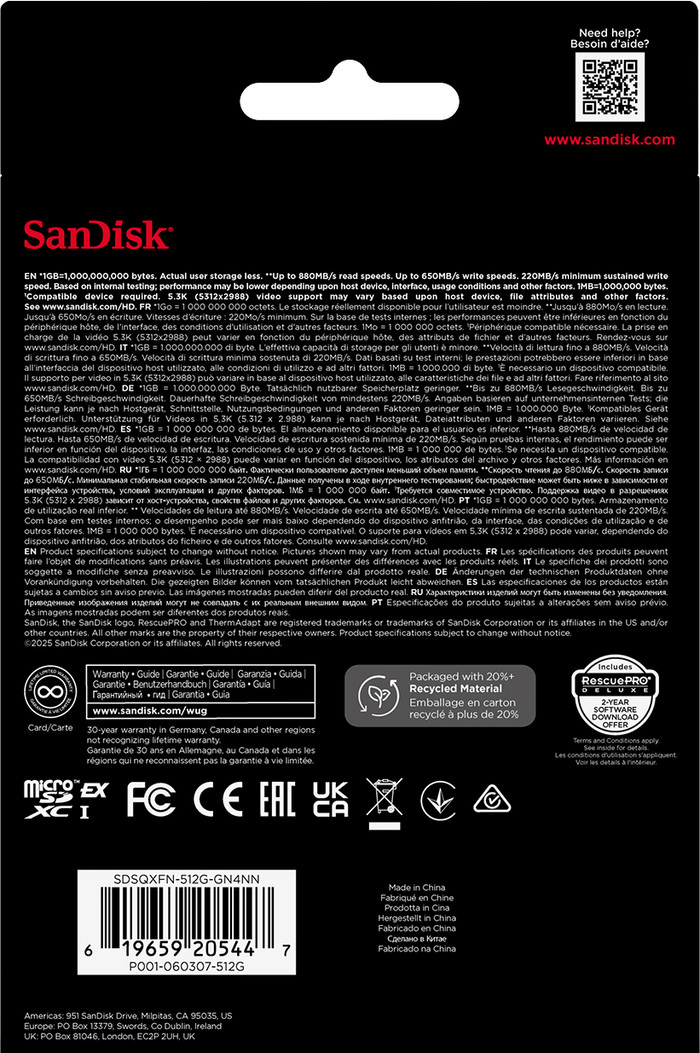 SanDisk MicroSD Express Card 512GB 650MB/s verpakking