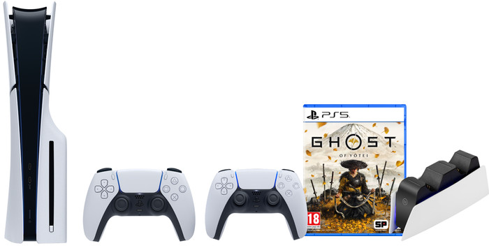 PlayStation 5 Slim Disc Edition + Ghost of Yotei + Manette Supplémentaire Blanc + Station de Charge Main Image