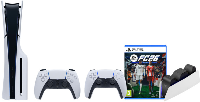 PlayStation 5 Slim Disc Edition + FC 26 + Extra Controller White + Charging Dock Main Image