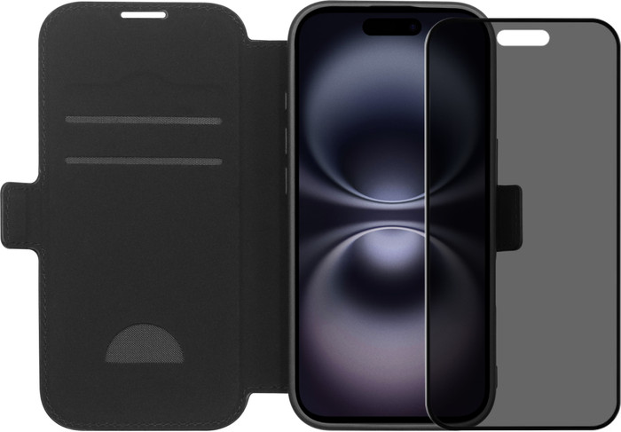 BlueBuilt Apple iPhone 17 Book Case Cuir Noir + BlueBuilt iPhone 17 Protège-écran de Confidentialité Verre Main Image