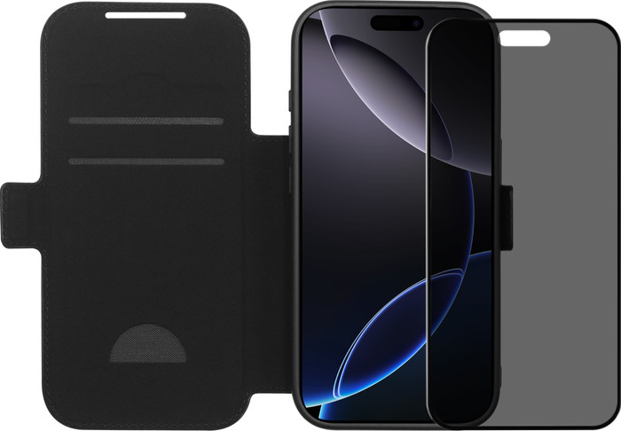 BlueBuilt Apple iPhone 17 Pro Book Case Cuir Noir + BlueBuilt iPhone 17 Pro Protège-écran de Confidentialité Verre Main Image