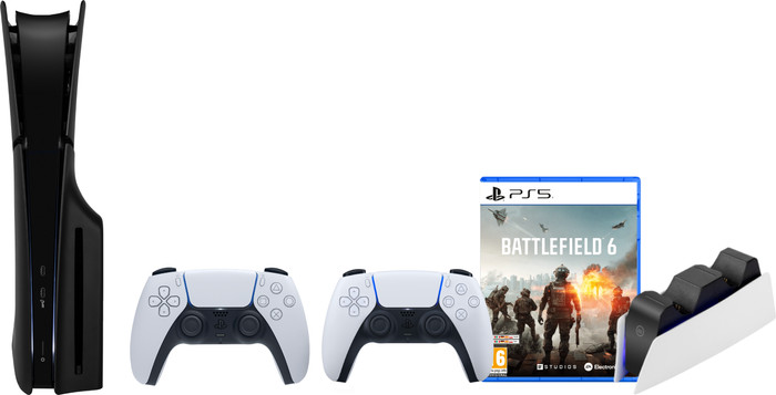 PS5 Slim Disc Edition + Battlefield 6 + Covers Zwart + Extra Controller Wit + Oplaadstation Main Image