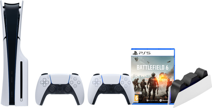 PlayStation 5 Slim Disc Edition + Battlefield 6 + Manette Supplémentaire Blanc + Station de Charge Main Image