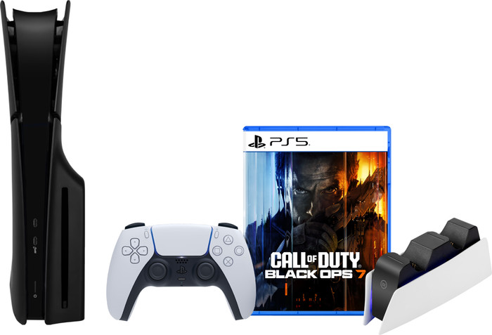 PlayStation 5 Slim Disc Edition + Call of Duty: Black Ops 7 + Covers Zwart + Oplaadstation Main Image