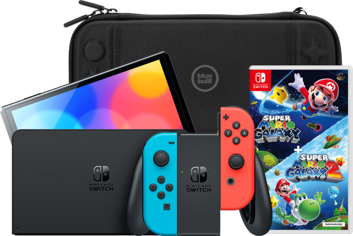 Nintendo Switch OLED Blauw/Rood + Super Mario Galaxy 1+2 + BlueBuilt Beschermhoes Main Image