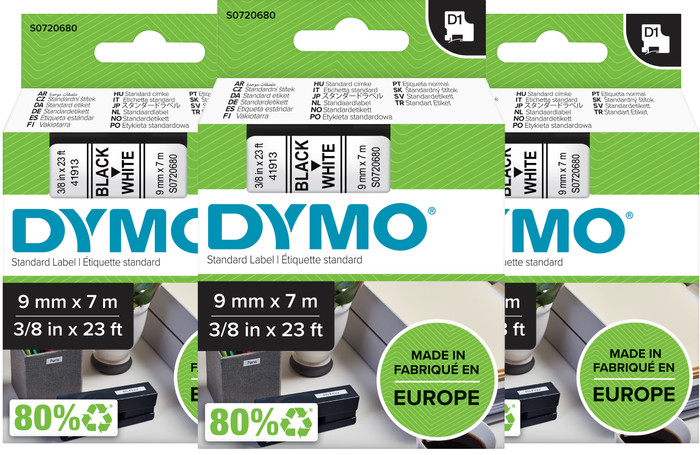 DYMO D1 9 mm x 7 m Noir Blanc Étiquettes Lot de 3 Main Image