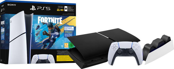 PS5 Slim Digital Edition Fortnite bundel + Covers Zwart + Extra Controller Wit + Oplaadstation Main Image