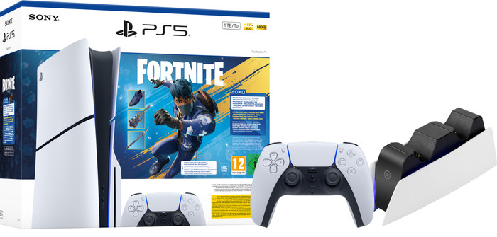 PlayStation 5 Slim Disc Edition Fortnite Bundle + Extra Controller white + Charging Dock Main Image