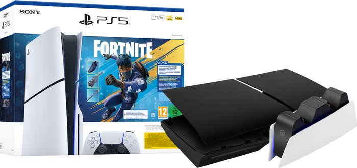 PlayStation 5 Slim Disc Edition Fortnite bundel + Covers Zwart + Oplaadstation Main Image