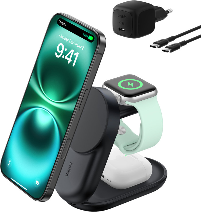 Belkin UltraCharge Chargeur Sans Fil 3-en-1 MagSafe avec Support Qi2 25 W Noir avant