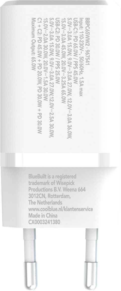 BlueBuilt Chargeur Power Delivery avec 2 Ports USB-C 65 W Blanc dessous