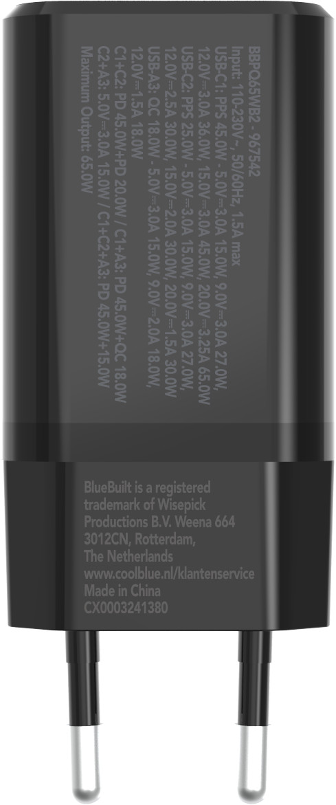 BlueBuilt Chargeur Power Delivery + Quick Charge avec 3 Ports USB 65 W Noir dessous