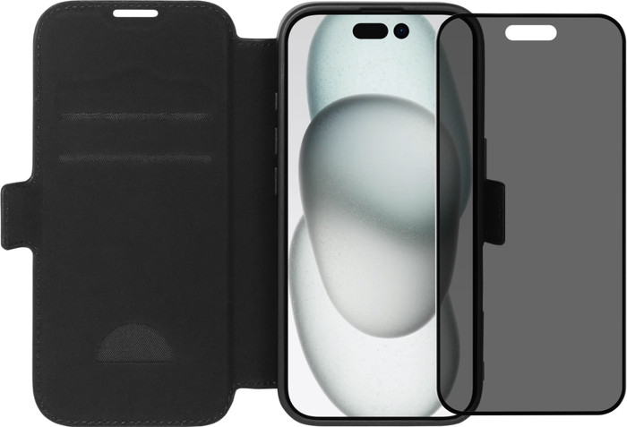 BlueBuilt Apple iPhone 16 Book Case Leer Zwart + Privacy Filter Screenprotector Glas Main Image