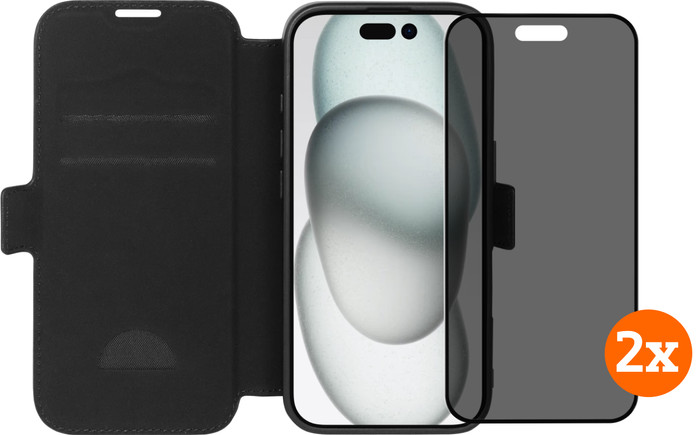 BlueBuilt Apple iPhone 16 Book Case Leer Zwart + Privacy Screenprotector Glas Duo Pack Main Image