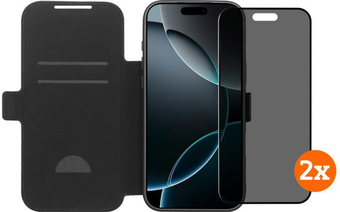 BlueBuilt Apple iPhone 17 Pro Max Book Case Leer Zwart + Privacy Screenprotector Duo Pack Main Image