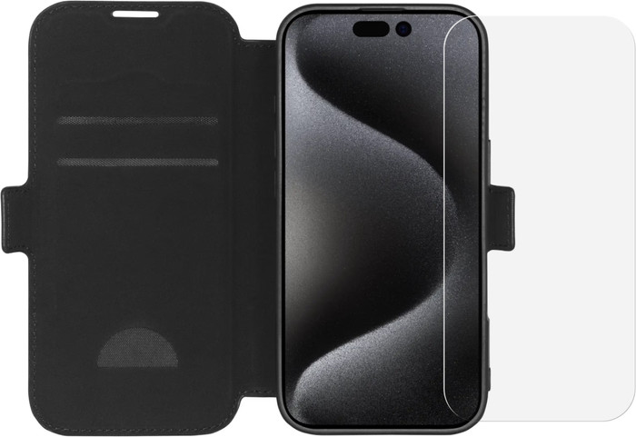 BlueBuilt Apple iPhone 16 Pro Book Case Cuir Noir + Protège-écran Verre Main Image