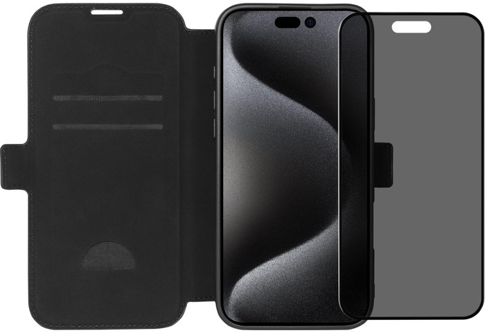 BlueBuilt Apple iPhone 16 Pro Max Book Case Cuir Noir + Protège-écran avec Filtre de Confidentialité Verre Main Image