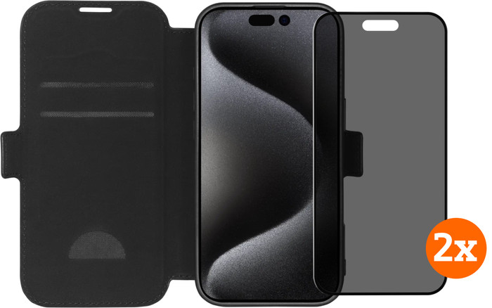 BlueBuilt Apple iPhone 16 Pro Book Case Leer Zwart + Privacy Screenprotector Glas Duo Pack Main Image