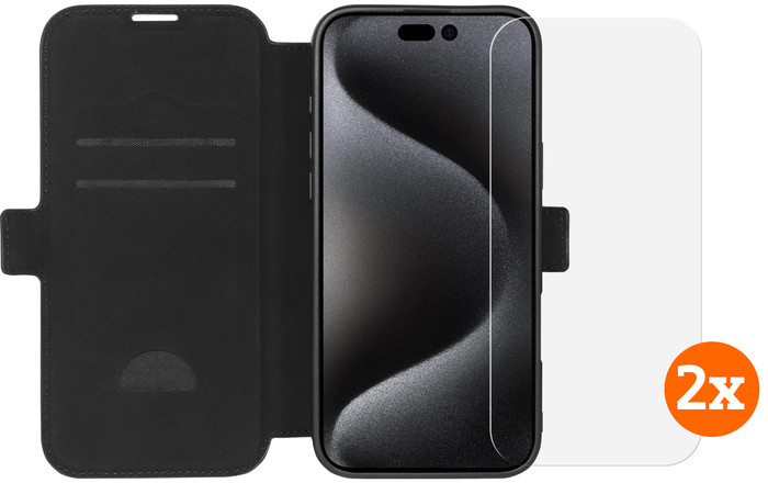 BlueBuilt Apple iPhone 16 Pro Max Book Case Leer Zwart + Screenprotector Glas Duo Pack Main Image