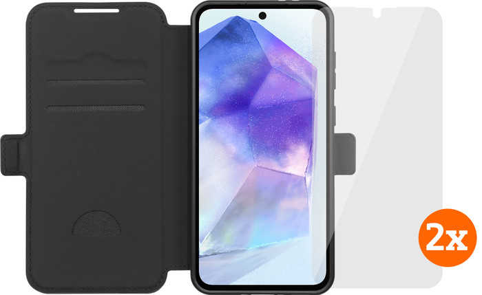 BlueBuilt Samsung Galaxy A56 Book Case Zwart + Screenprotector Glas Duo Pack Main Image