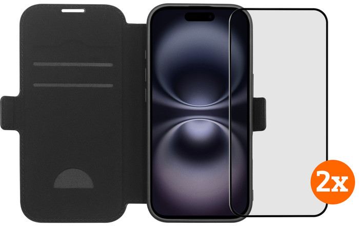 BlueBuilt Apple iPhone 17 Book Case Leer Zwart + Screenprotector Glas Duo Pack Main Image